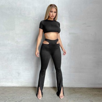 Solid Women Two Piece Sets Short Casual Sleeve T-Shirt And Slit Plare Pants Matching Suit Outfits Summer Tracksuit